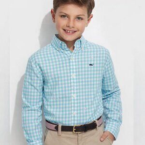Vineyard Vines Boys Aqua Gingham Button Down l/s Whale Shirt Size M 12-14